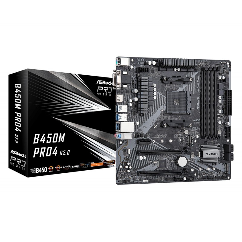 ASRock B450M Pro4 R2.0, AMD, Emplacement AM4, AMD Ryzen™ 3, AMD Ryzen™ 5, AMD Ryzen™ 7, DDR4-SDRAM, 128 Go, DIMM