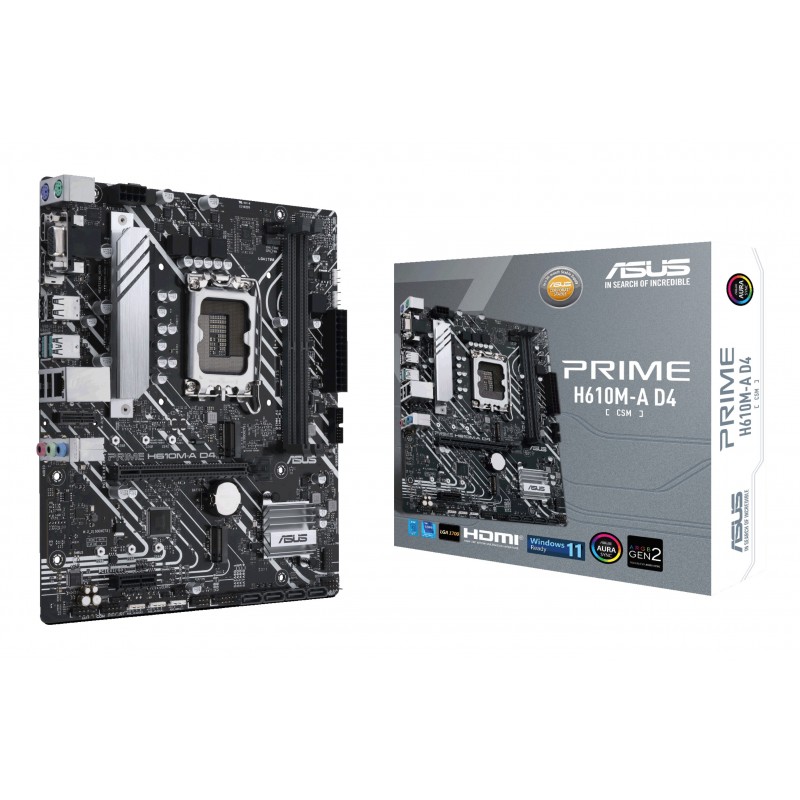 ASUS PRIME H610M-A D4-CSM, Intel, LGA 1700, Intel® Celeron®, Intel® Core™ i3, Intel® Core™ i5, Intel® Core™ i7, Intel® Core™ i9, Intel® Pentium®, DDR4-SDRAM, LPDDR3-SDRAM, 64 Go, DIMM