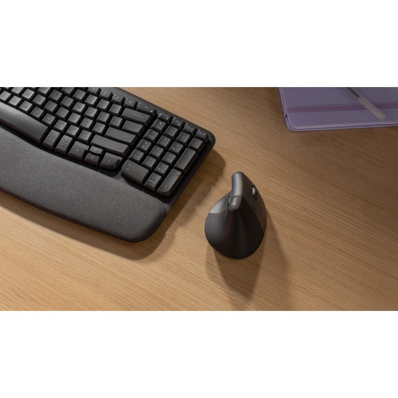 Logitech Lift, Droitier, Conception verticale, Optique, RF sans fil + Bluetooth, 4000 DPI, Graphite