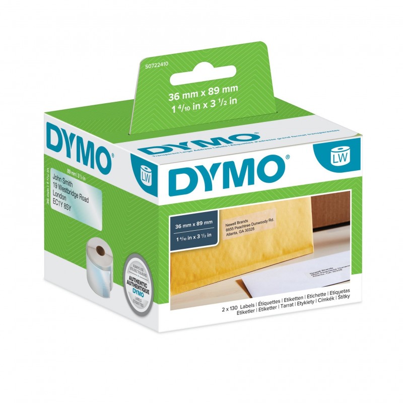 Dymo LW - Étiquettes d'adresse grand format - 36 x 89 mm - S0722410, Transparent, Imprimante d'étiquette adhésive, Plastique, Permanent, Rectangle, LabelWriter