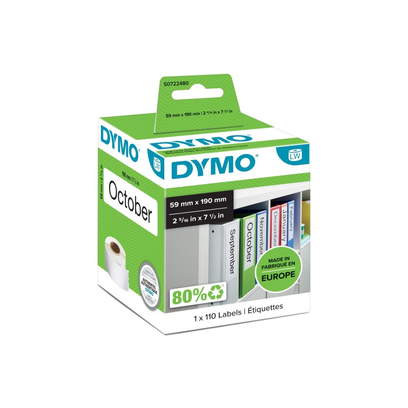Dymo LW -Étiquettes pour classeurs grand format - 59 x 190 mm - S0722480, Blanc, Imprimante d'étiquette adhésive, Papier, Permanent, Rectangle, LabelWriter