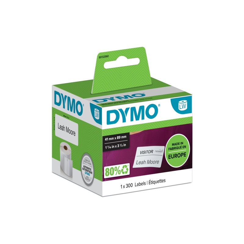 Dymo LW - Étiquettes pour badges nominatifs petit format - 41 x 89 mm - S0722560, Blanc, Imprimante d'étiquette adhésive, Papier, Amovible, Rectangle, LabelWriter