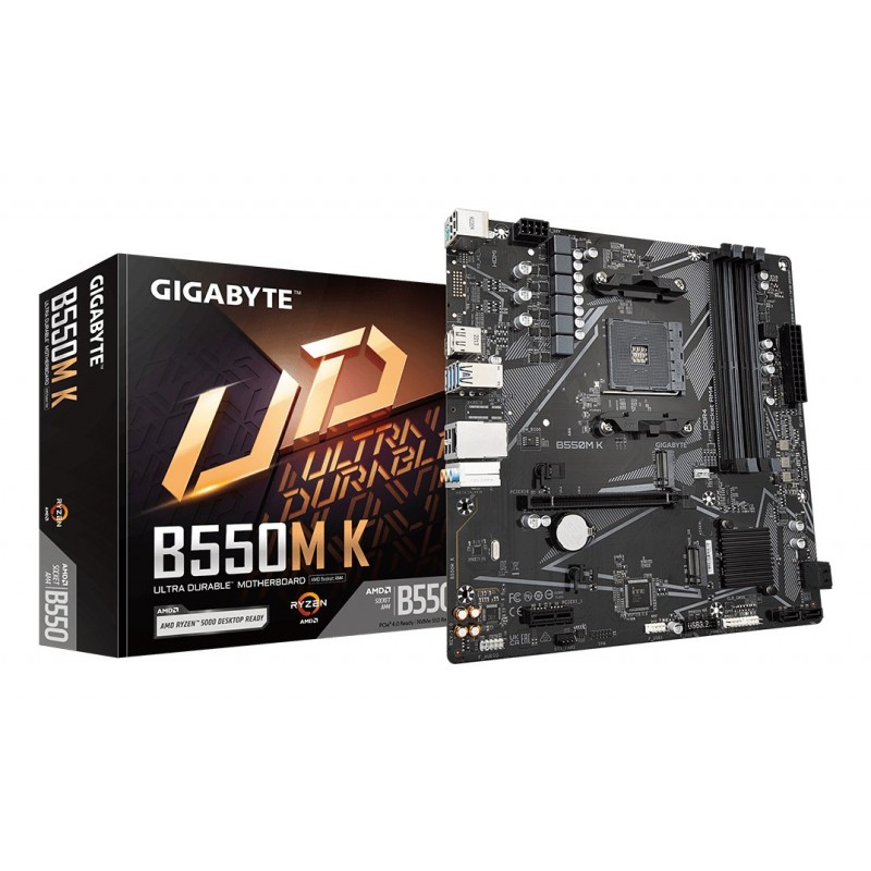 Gigabyte B550M K Carte mère - Processeurs AMD Ryzen 5000, jusqu'à 4733 MHz DDR4, 1xPCIe 4.0 + 1xPCIe 3.0 M.2, LAN 1GbE, USB 3.2 Gen 1, AMD, Emplacement AM4, AMD Ryzen 3000 Series, AMD Ryzen 4000 Series, AMD Ryzen 5000 Series, Emplacement AM4