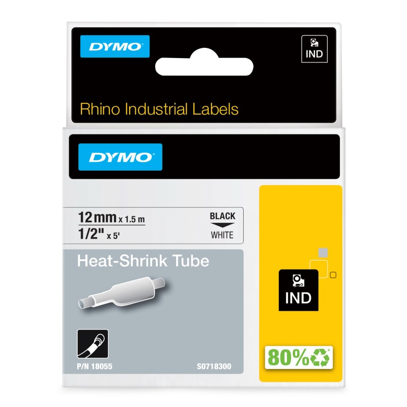 Dymo Bagues Thermorétractables IND- 12mm x1,5m, Noir sur blanc, Multicolore, -55 - 135 C, UL 224, MIL-STD-202G, MIL-81531, SAE-DTL 230535 1, 3, DYMO, Rhino