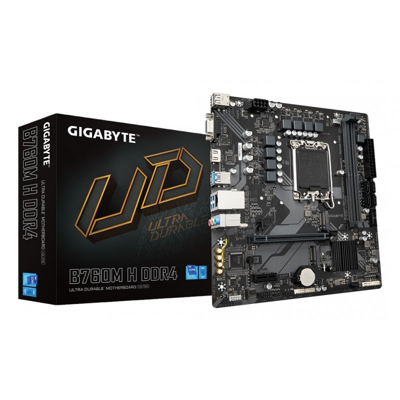 Gigabyte B760M H DDR4 Carte Mère - Prend en charge les processeurs Intel Core 14e génération, VRM numérique 6+1+1 phases, jusqu'à 3200MHz DDR4 , 2xPCIe 4.0 M.2, GbE LAN, USB 3.2 Gen1, Intel, LGA 1700, Intel® Celeron®, Intel® Pentium® Gold, LGA
