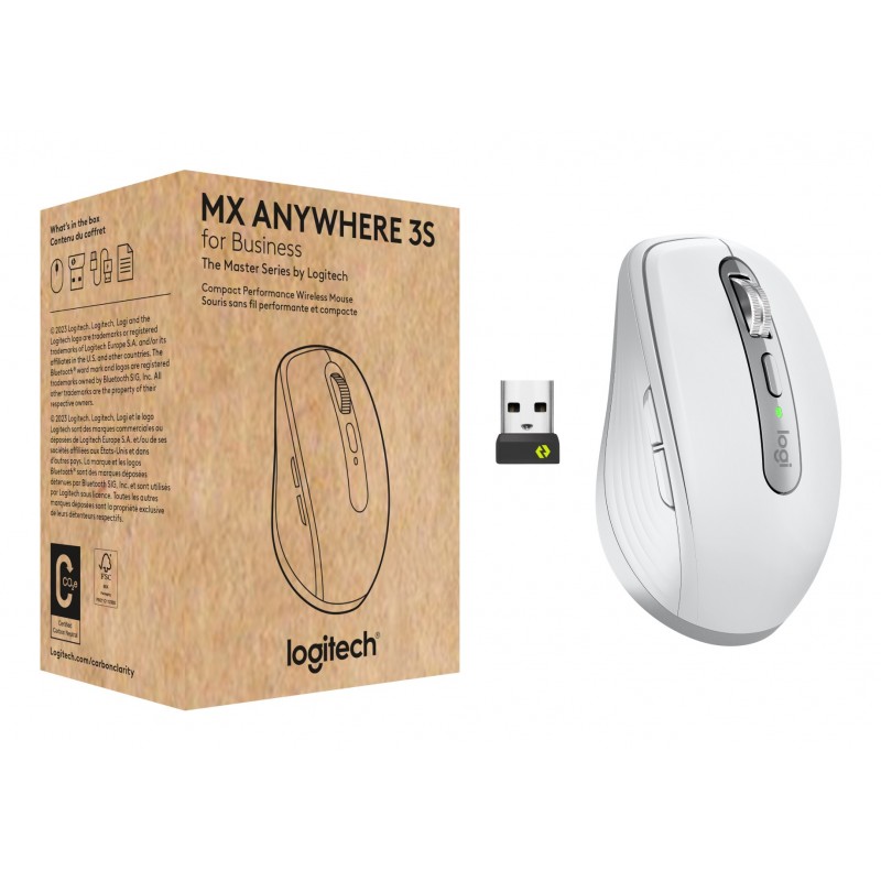 Logitech MX Anywhere 3S for Business, Droitier, Laser, RF sans fil + Bluetooth, 8000 DPI, Blanc