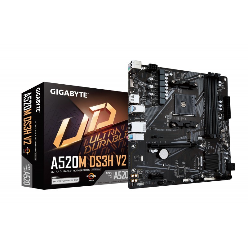 Gigabyte Carte mère A520M DS3H V2 - Prend en charge les processeurs AMD Ryzen série 5000 AM4, jusqu'à 4733 MHz DDR4 , PCIe 3.0 x16, LAN GbE, USB 3.2 Gen 1, AMD, Emplacement AM4, AMD Ryzen 3000 Series, AMD Ryzen Threadripper 3000 Series, AMD Ryzen