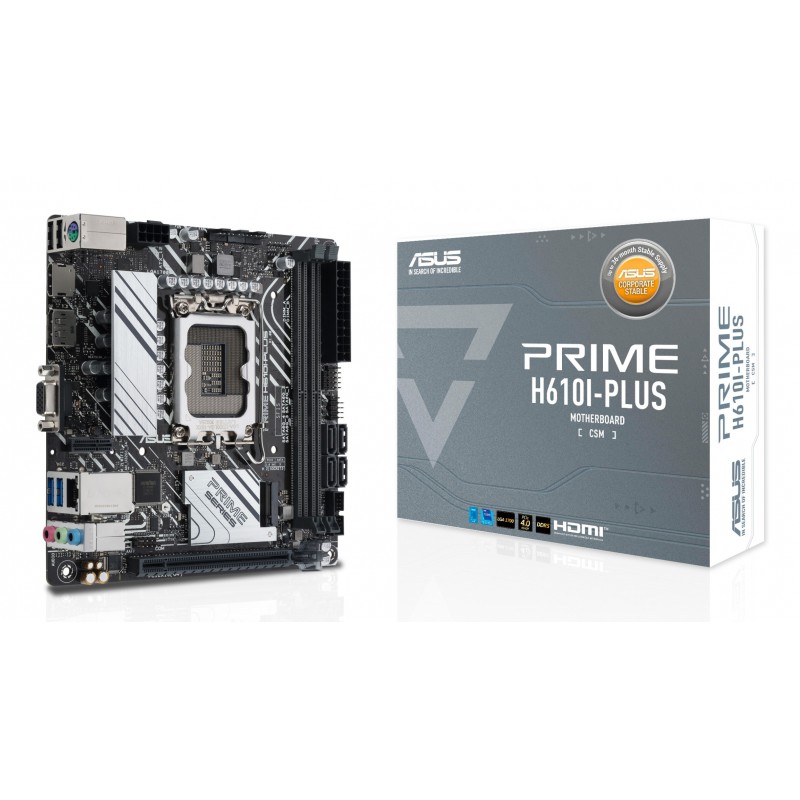 ASUS PRIME H610I-PLUS-CSM, Intel, LGA 1700, Intel® Celeron®, Intel® Core™ i3, Intel® Core™ i5, Intel® Core™ i7, Intel® Core™ i9,..., DDR5-SDRAM, 96 Go, DIMM