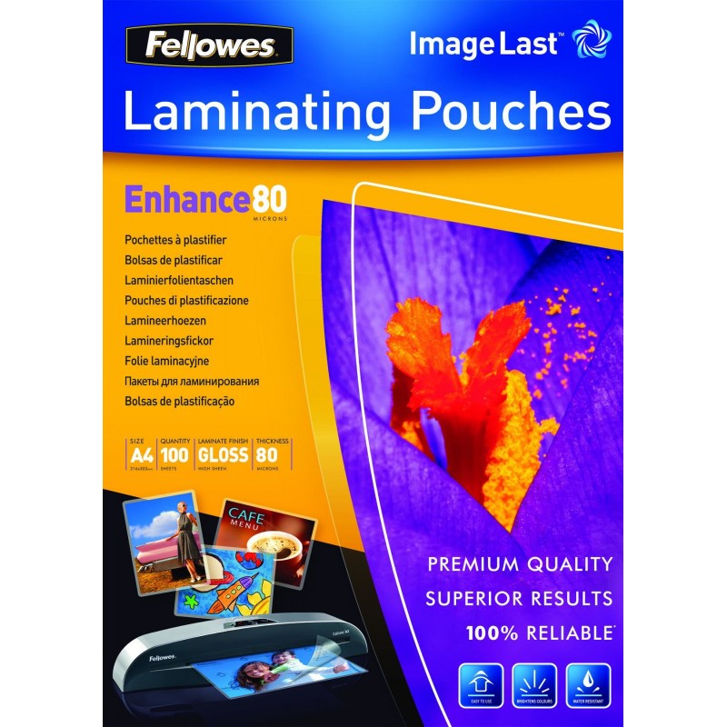 Fellowes Pochettes ImageLast A4 80 microns - Paquet de 100, Transparent, Plastique, A4, 216 mm, 1 mm, 303 mm