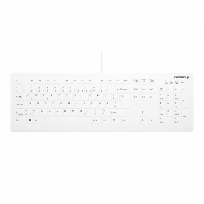 Cherry AK-C8112, Taille réelle 100 %, Avec fil, USB, Commutateur de touche « ciseaux », QWERTZ, Blanc
