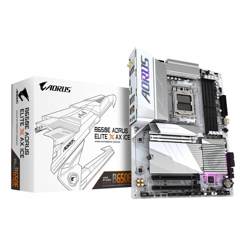 Gigabyte B650E AORUS ELITE X AX ICE Carte mère - AMD Ryzen série 9000, VRM 12+2+2 phases, jusqu'à 8000 MHz DDR5 , 1xPCIe 5.0 + 2xPCIe 4.0 M.2, LAN 2,5 GbE, WIFI 6E, USB 3.2 Gen 2, AMD, Emplacement AM5, AMD Ryzen 7000 Series, AMD Ryzen 8000 Series, AMD
