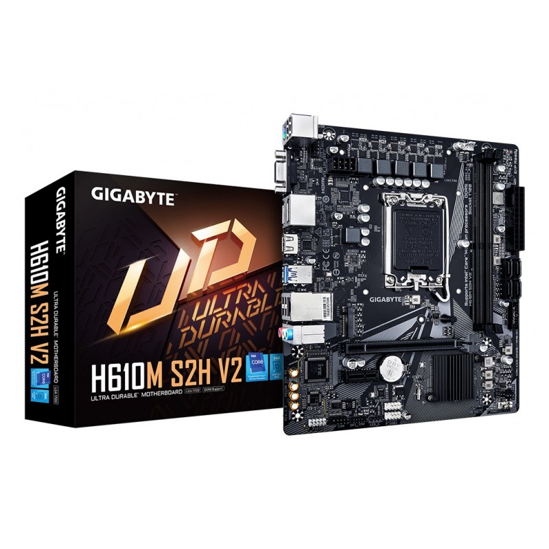 Gigabyte H610M S2H V2 Carte mère - Prend en charge les processeurs Intel Core 14e génération, VRM numérique hybride 4+1+1 phases, jusqu'à 5600MHz DDR5, 1xPCIe 3.0 M.2, LAN GbE, USB 3.2 Gen 1, Intel, LGA 1700, Intel® Celeron®, Intel® Core™ i3