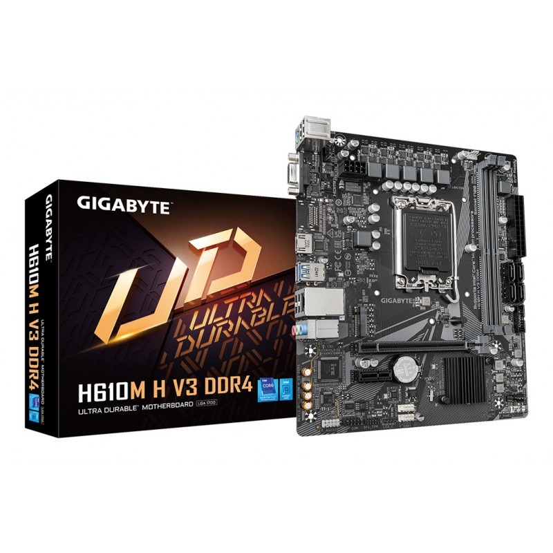 Gigabyte H610M H V3 DDR4 Carte mère - Compatible avec processeurs Intel Core 14th CPUs, 4+1+1 Hybrid Phases Digital VRM, up to 3200MHz DDR4, 1xPCIe 3.0 M.2, GbE LAN, USB 3.2 Gen 1, Intel, LGA 1700, Intel® Celeron®, Intel® Core™ i3, Intel® Core™