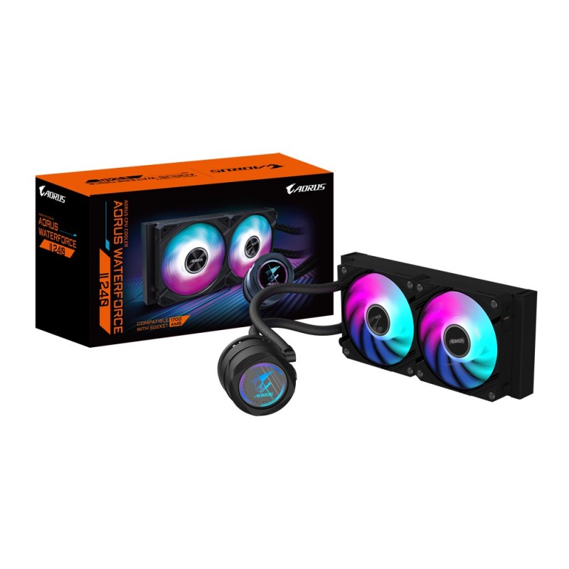 Gigabyte Refroidisseur de CPU liquide AIO AORUS WATERFORCE II 240 - 2 ventilateurs ARGB 120 mm, mécanisme d'interverrouillage coulissant, DAISY-CHAIN, compatible Intel LGA 1700 et AMD AM5, Refroidisseur de liquide tout-en-un, 12 cm, 64,25 cfm, Noir
