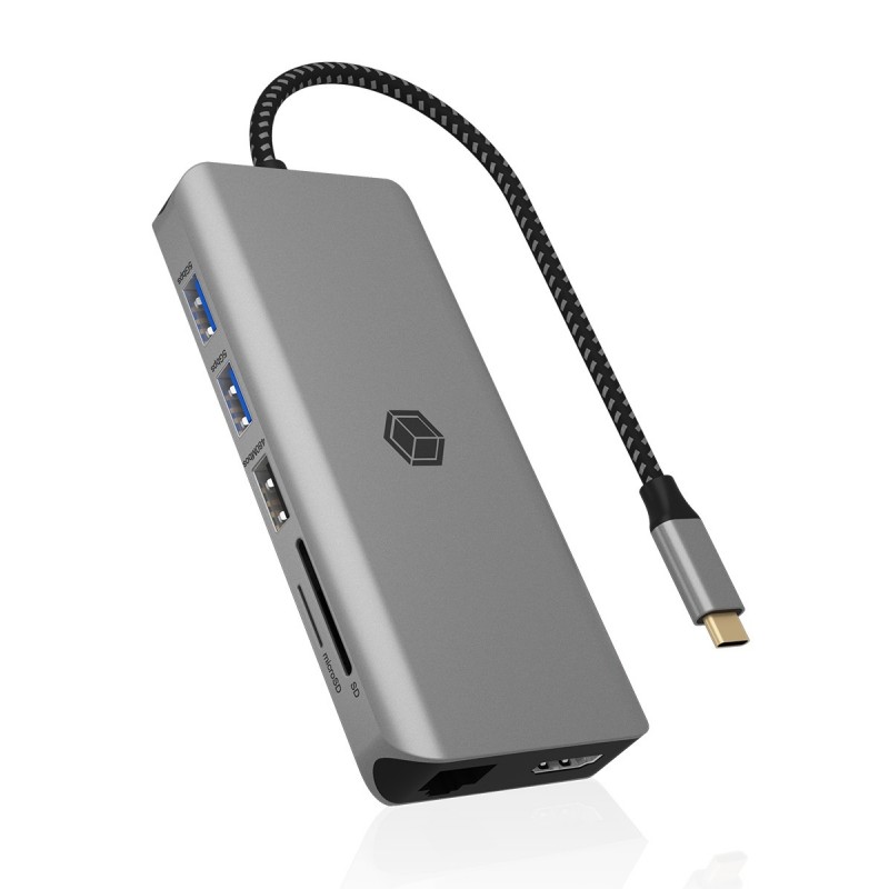 ICY BOX IB-DK4061-CPD, Avec fil, USB 3.2 Gen 1 3.1 Gen 1 Type-C, 100 W, 3,5 mm, 10,100,1000 Mbits, Gris