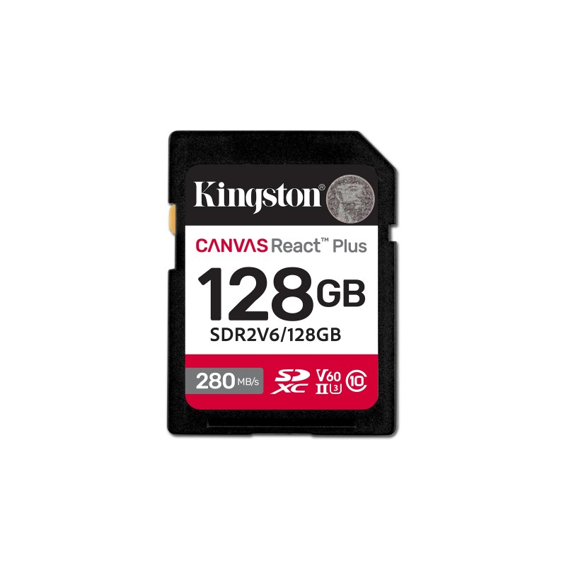 Kingston 128GB Canvas React Plus SDXC UHS-II 280R100W U3 V60 for Full HD4K, 128 Go, SDXC, Classe 10, UHS-II, 280 Mos, 100 Mos