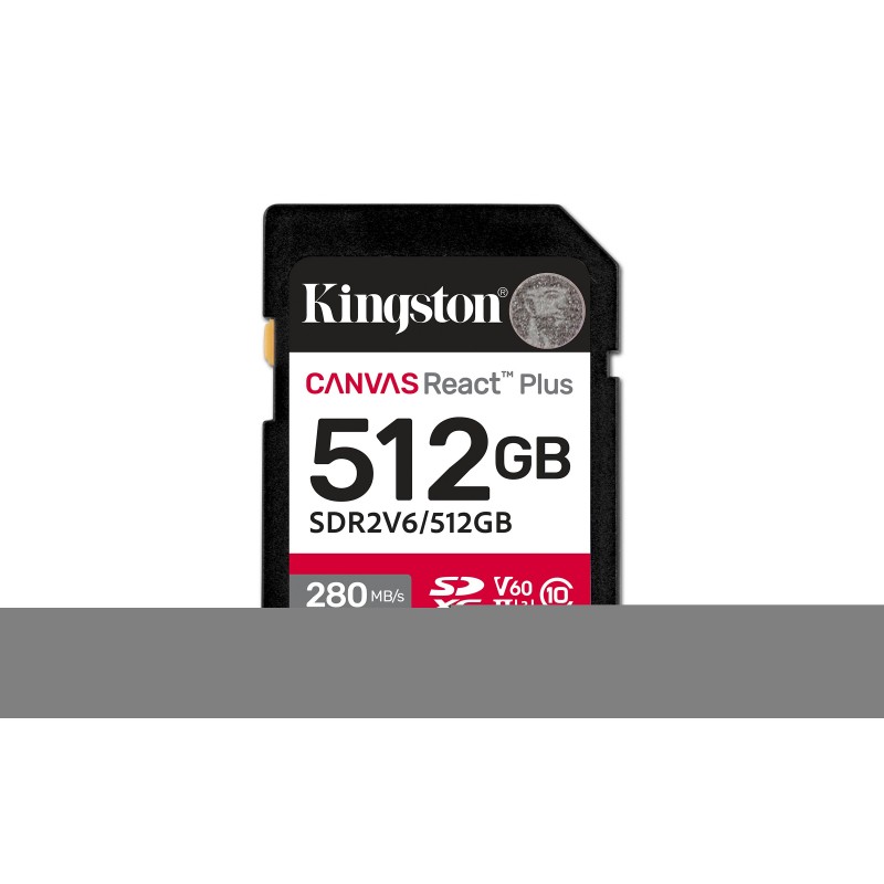 Kingston 512GB Canvas React Plus SDXC UHS-II 280R150W U3 V60 for Full HD4K, 512 Go, SDXC, Classe 10, UHS-II, 280 Mos, 150 Mos