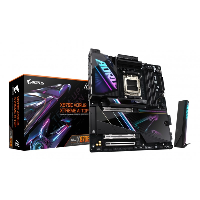 Gigabyte X870E AORUS XTREME AI TOP Carte mère - Compatible avec les processeurs AMD Ryzen série 9000, VRM 18+2+2 phases, jusqu'à 8800 MHz DDR5 , 1xPCIe 5.0 M.2 + 3xPCIe 4.0 M.2, WI-FI 7, LAN 10 GbE, USB 4, AMD, Emplacement AM5, AMD Ryzen 7000 Series