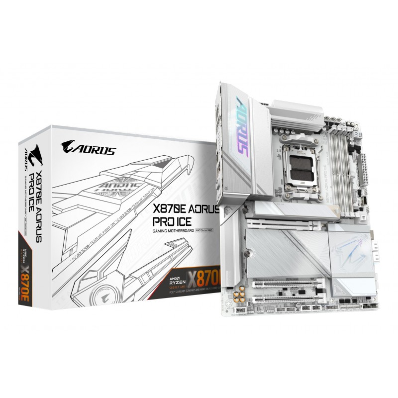 Gigabyte X870E AORUS PRO ICE Carte Mère - Prend en charge les processeurs AMD Ryzen 9000, 16+2+2 Phases VRM Digital, jusqu'à 8000MHz DDR5 , 3xPCIe 5.0 + 1xPCIe 4.0, Wi-Fi 7, 2.5GbE LAN, USB 4, AMD, Emplacement AM5, AMD Ryzen 7000 Series, AMD Ryzen 8000