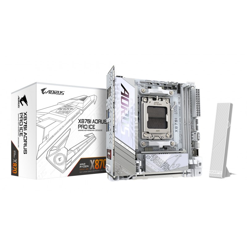 Gigabyte X870I AORUS PRO ICE Carte mère - Compatible avec les processeurs AMD Ryzen série 9000, VRM 8+2+1 phases, jusqu'à 8400 MHz DDR5 , 1xPCIe 5.0 M.2 + 1xPCIe 4.0 M.2, WI-FI 7, LAN 2,5 GbE, USB 4, AMD, Emplacement AM5, AMD Ryzen 7000 Series, AMD