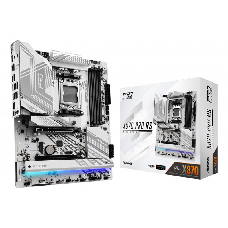 ASRock X870 PRO RS, AMD, Emplacement AM5, AMD Ryzen 7000 Series, AMD Ryzen 8000 Series, AMD Ryzen 9000 Series, DDR5-SDRAM, 256 Go, DIMM