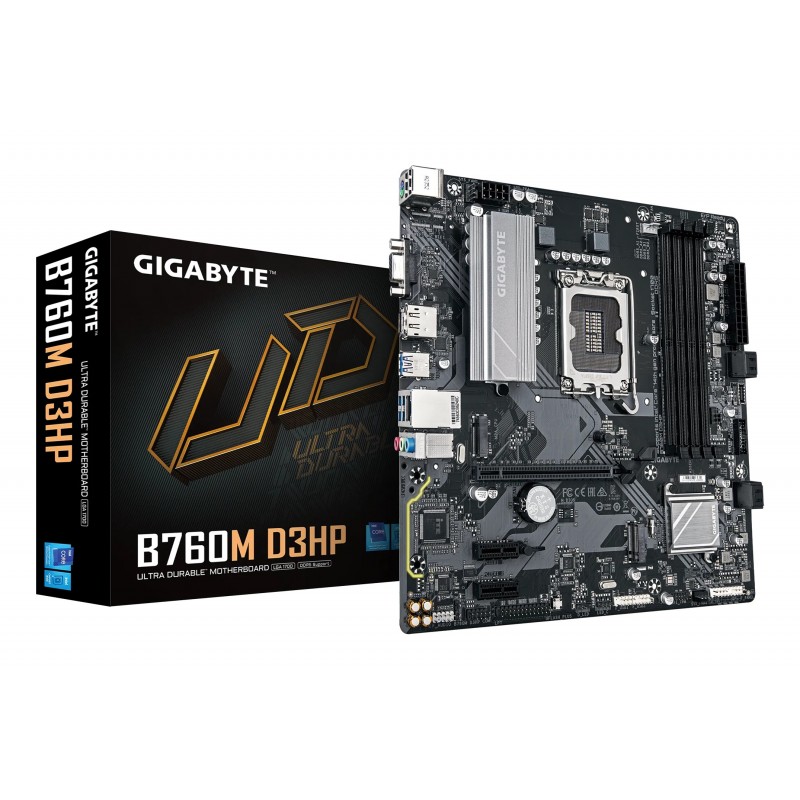 Gigabyte B760M D3HP Carte Mère - Processeurs Intel Core 14ème Génération, VRM 4+1+1 phases, jusqu'à 5600 MHz DDR5, 2xPCIe 4.0 M.2, LAN GbE, USB 3.2 Gen 1, Intel, LGA 1700, Intel® Celeron®, Intel Core i3 12th Gen, Intel Core i3 13th Gen, Intel Core