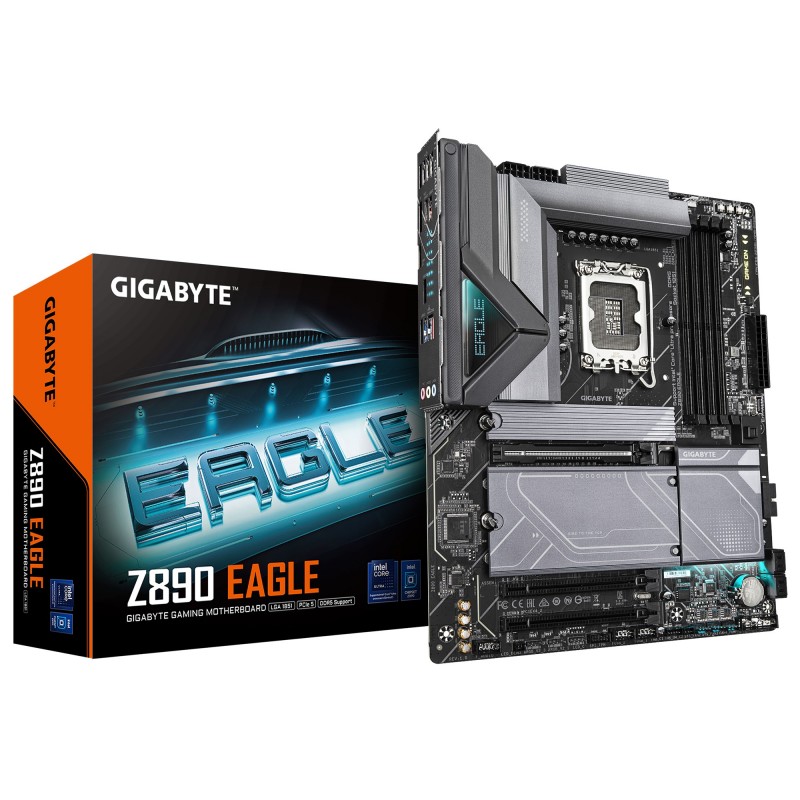 Gigabyte Z890 EAGLE Carte Mère - Prend en charge les processeurs Intel Core Ultra Série 2, VRM 14+1+2 phases, jusqu'à 8800MHz DDR5 , 1x PCIe 5.0 M.2 + 3x PCIe 4.0 M.2, LAN 2,5GbE, USB4, Intel, LGA 1851 Socket V1, Intel Core Ultra Series 2, LGA 1851