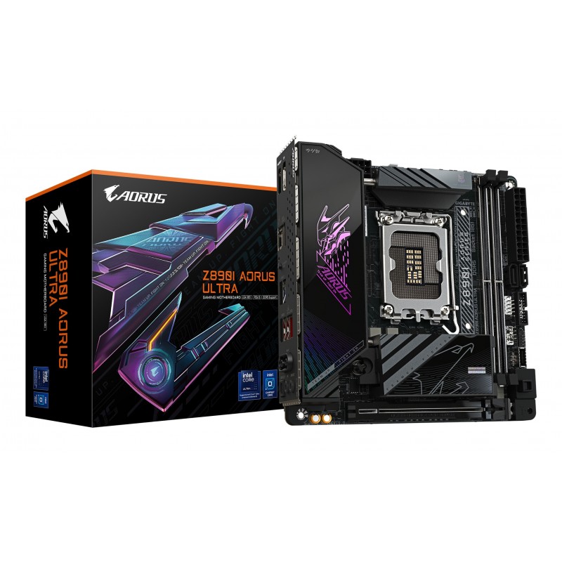 Gigabyte Carte mère Z890I AORUS ULTRA - Prend en charge les processeurs Intel Core Ultra Série 2, VRM à 8+1+2 phases, jusqu'à 8800MHz DDR5 , 1xPCIe 5.0 + 1xPCIe 4.0, Wi-Fi 7, LAN 2.5GbE, Thunderbolt 4, Intel, LGA 1851 Socket V1, Intel Core Ultra