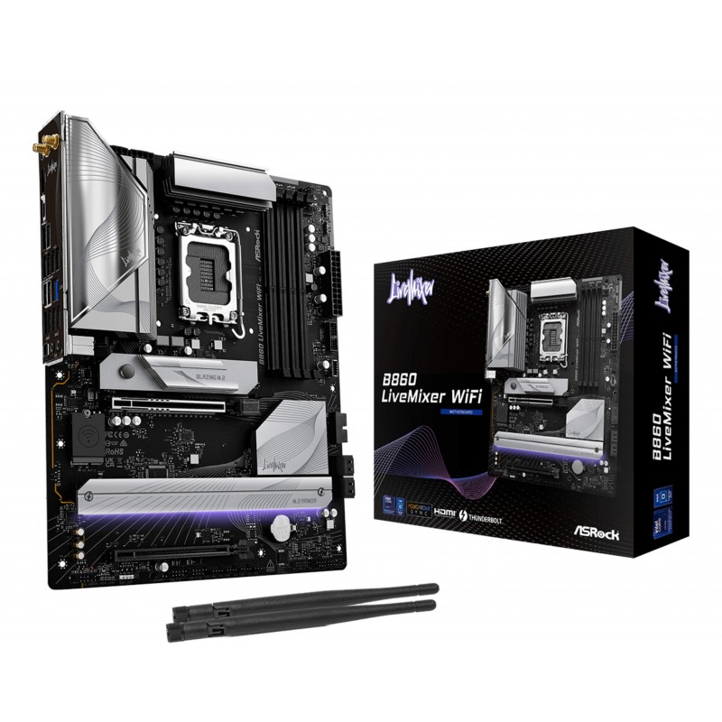 ASRock B860 LiveMixer WiFi, Intel, LGA 1851 Socket V1, Intel Core Ultra Series 2, LGA 1851, DDR5-SDRAM, 256 Go