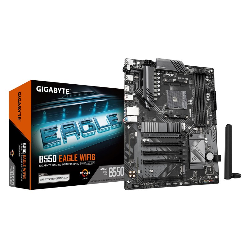 Gigabyte B550 EAGLE WIFI6 Carte mère - Processeurs AMD Ryzen série 5000 G, VRM 10+3+1 phases, jusqu'à 3200 MHz DDR4, 1xPCIe 4.0 + 1xPCIe 3.0 M.2, LAN 1GbE, WIFI 6, USB 3.2 Gen 2, AMD, Emplacement AM4, AMD Ryzen 3000 Series, AMD Ryzen 4000 Series, AMD