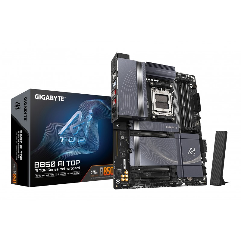 Gigabyte B850 AI TOP Carte Mère - Processeurs AMD Ryzen Série 9000, 16+2+2 phases VRM numériques, jusqu'à 8600MHz DDR5 , 2xPCIe 5.0 + 1xPCIe 4.0 M.2, LAN 10GbE, WIFI 7, USB 3.2 Gen 2x2, AMD, Emplacement AM5, AMD Ryzen 7000 Series, AMD Ryzen 8000