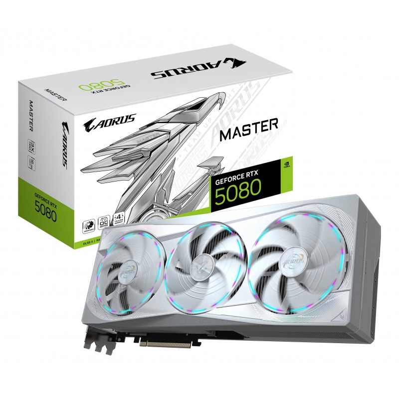 Gigabyte AORUS GeForce RTX 5080 MASTER ICE 16G Carte Graphique - 16 Go GDDR7, 256 bits, PCI-E 5.0, 2805MHz Core Clock, 3 x DP 2.1a, 1 x HDMI 2.1b, NVIDIA DLSS 4, GV-N5080AORUSM ICE-16GD, GeForce RTX 5080, 16 Go, GDDR7, 256 bit, 7680 x 4320 pixels, PCI