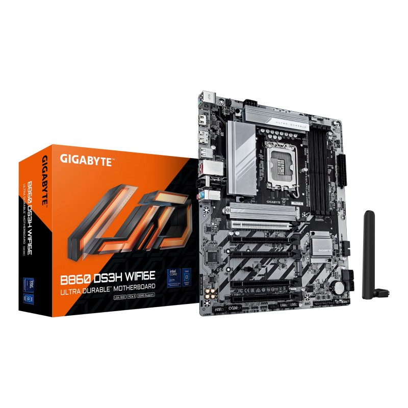 Gigabyte B860 DS3H WIFI6E Carte mère - Processeurs Intel Core Ultra, VRM 8+1+2+2 phases, jusqu'à 9066MHz DDR5, 1xPCIe 5.0 + 1xPCIe 4.0 M.2, LAN 2,5 GbE, WIFI 6E, USB 3.2 Gen 2x2, Intel, LGA 1851 Socket V1, Intel Core Ultra Series 2, LGA 1851