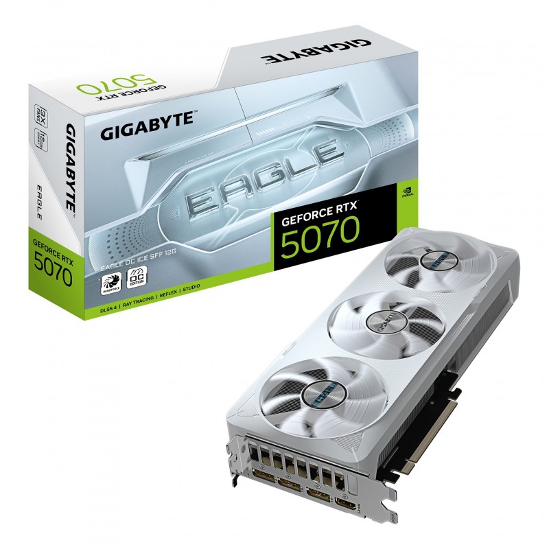 Gigabyte GeForce RTX 5070 EAGLE OC ICE SFF 12G Carte Graphique - 12 Go GDDR7, 192 bits, PCI-E 5.0, 2587 MHz Core Clock, 3 x DP 2.1a, 1 x HDMI 2.1b, NVIDIA DLSS 4, GV-N5070EAGLEOC ICE-12GD, GeForce RTX 5070, 12 Go, GDDR7, 192 bit, 7680 x 4320 pixels, PCI