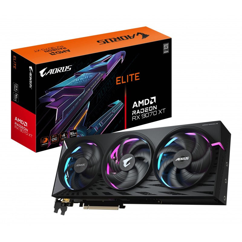 Gigabyte AORUS Radeon RX 9070 XT ELITE 16G Carte Graphique - 16 Go GDDR6, 256 bits, PCI-E 5.0, 3100 MHz Fréquence du Cœur, 2 x DisplayPort, 2 x HDMI, GV-R9070XTAORUS E-16GD, Radeon RX 9070 XT, 16 Go, GDDR6, 256 bit, 7680 x 4320 pixels, PCI Express 5.0