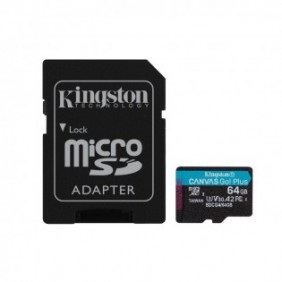 Kingston Carte microSDXC Canvas Go Plus Gen4 200 Mos A2 U3 V30 64 Go + adaptateur, 64 Go, MicroSD, Classe 10, UHS-I, 200 Mos, 100 Mos