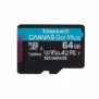Kingston Carte microSDXC Canvas Go Plus Gen4 200 Mos A2 U3 V30 64 Go + adaptateur, 64 Go, MicroSD, Classe 10, UHS-I, 200 Mos, 100 Mos