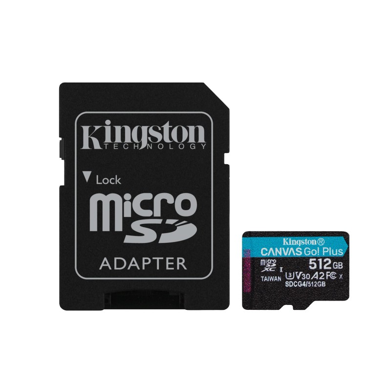 Kingston Carte microSDXC Canvas Go Plus Gen4 200 Mos A2 U3 V30 512 Go + adaptateur, 512 Go, MicroSD, Classe 10, UHS-I, 200 Mos, 160 Mos