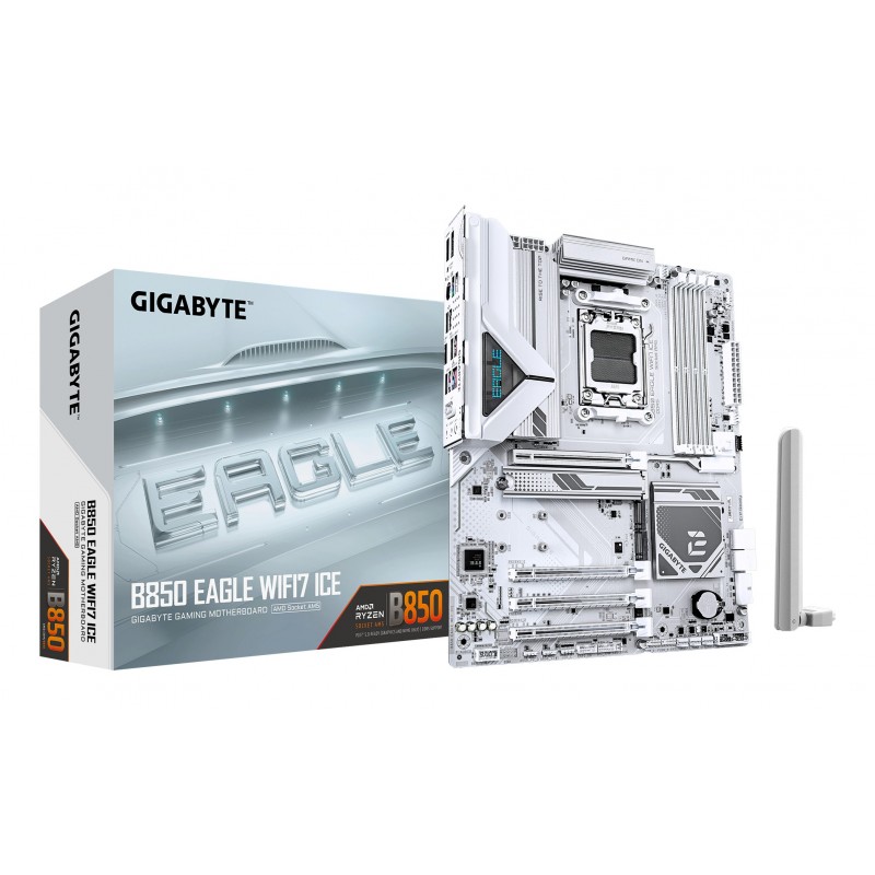 Gigabyte B850 EAGLE WIFI7 ICE Carte mère - Processeurs AMD Ryzen série 9000, VRM numérique 8+2+2 phases, jusqu'à 8200 MHz DDR5 O.C., 1x M.2 PCIe 5.0 + 2x M.2 PCIe 4.0, Wi-Fi 7, LAN 2.5 GbE, USB 3.2 Gen 2, AMD, Emplacement AM5, AMD Ryzen 7000 Series
