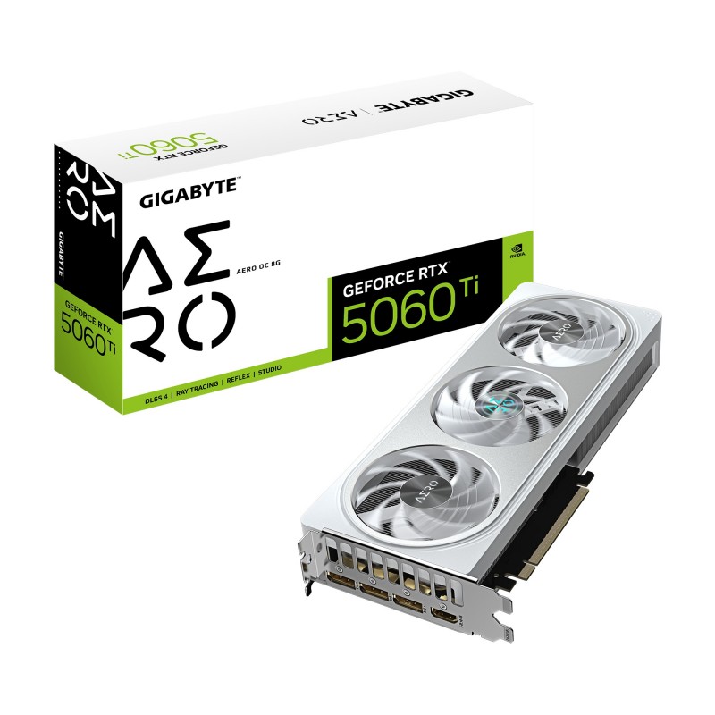 Gigabyte GeForce RTX 5060 Ti AERO OC 8G Carte Graphique – 8 Go GDDR7, 128 bits, PCI-E 5.0, 2647 MHz Fréquence du processeur, 3 x DisplayPort, 1 x HDMI, GV-N506TAERO OC-8GD, GeForce RTX 5060 Ti, 8 Go, GDDR7, 128 bit, 7680 x 4320 pixels, PCI Express x8
