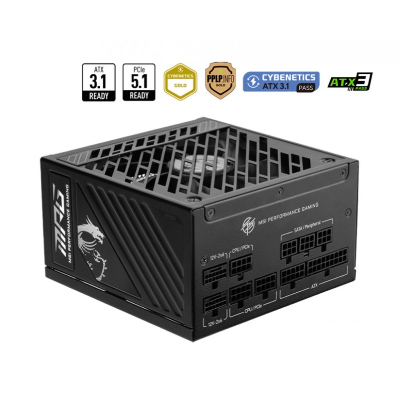 MSI MPG A1250GS PCIE5, 1250 W, 100 - 240 V, 2937 W, 5060 Hz, Actif, 90