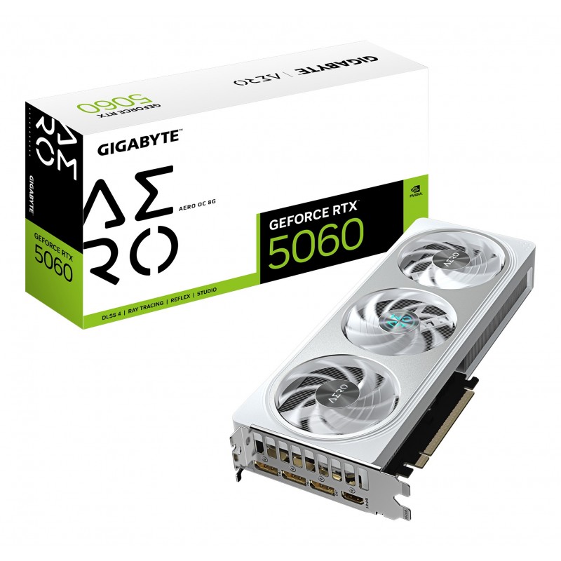 Gigabyte GeForce RTX 5060 AERO OC 8G Carte Graphique - 8GB GDDR7, 128bit, PCI-E 5.0, 2595 MHz Fréquence du cœur, 3 x DisplayPort, 1 x HDMI, GV-N5060AERO OC-8GD, GeForce RTX 5060, 8 Go, GDDR7, 128 bit, 7680 x 4320 pixels, PCI Express 5.0