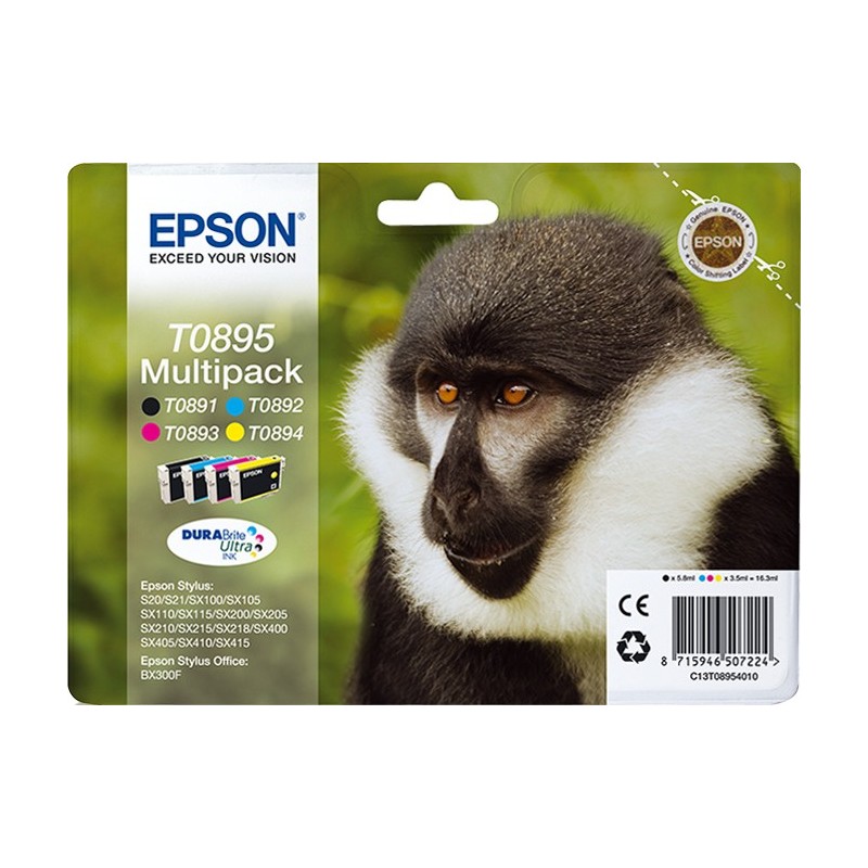 Epson Monkey Multipack "Singe" 4 couleurs - Encre DURABrite Ultra noire, cyan, magenta, jaune, Noir, Cyan, Magenta, Jaune, 5,8 ml, 3,5 ml, 1 pièce, Multi pack