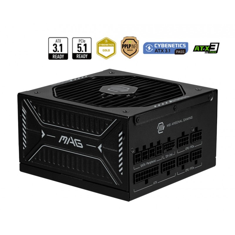 MSI MAG A850GLS PCIE5, 850 W, 100 - 240 V, 1870 W, 47 - 63 Hz, Actif, 90