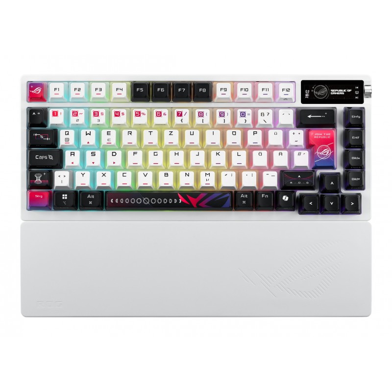 ASUS ROG Azoth X, Avec fil &sans fil, USB + RF Wireless + Bluetooth, Clavier mécanique, QWERTZ, LED RGB, Blanc