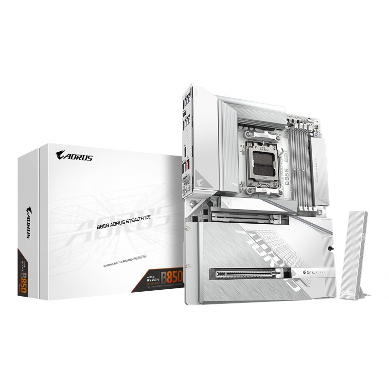Gigabyte B850 AORUS STEALTH ICE Carte Mère – Processeurs AMD Ryzen série 9000, VRM numérique 14+2+2 phases, jusqu’à 8200 MHz DDR5 , 2 x M.2 PCIe 5.0 + 2 x PCIe 4.0, Wi-Fi 7, LAN 5 GbE, USB 3.2 Gen 2, AMD, Emplacement AM5, AMD Ryzen 7000 Series