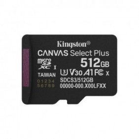 Kingston 512GB micSDXC Canvas Select Plus Gen3 150R A1 Adaptateur SD non inclus, 512 Go, MicroSDXC, Classe 10, UHS-I, 150 Mos, Class 3