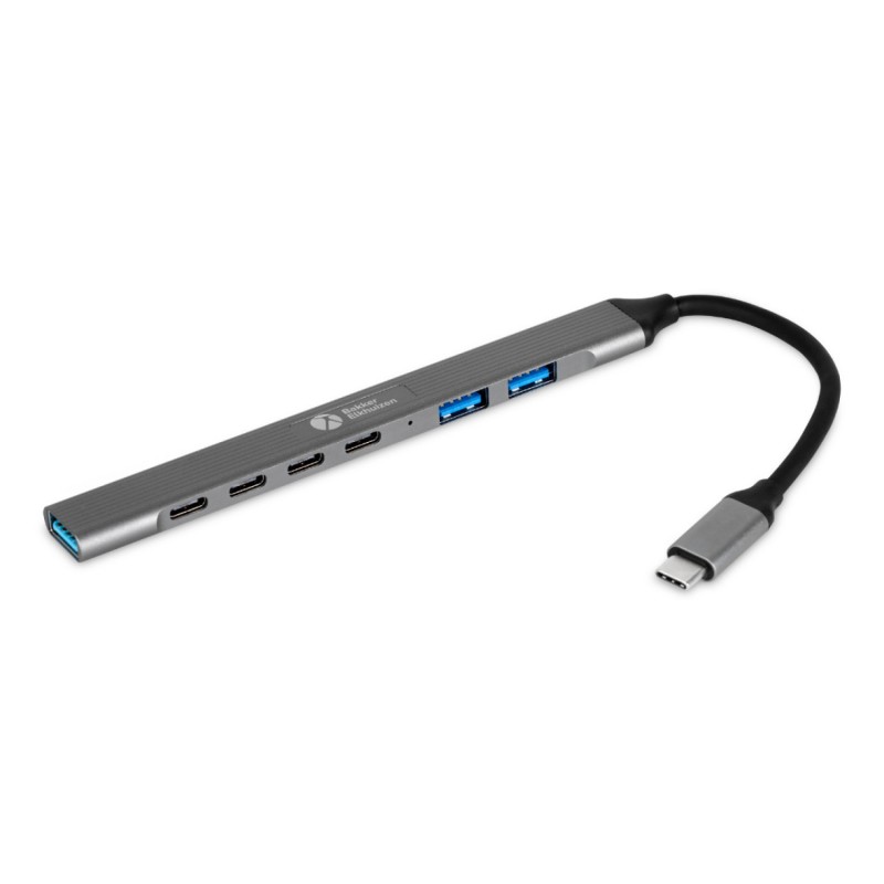 Bakker USB-C Hub 7-in-1 3A+4C, 7 connexions, un design élégant, un câble flexible et qui reste froid pendant l'utilisation., USB Type-C, USB 2.0, USB 3.2 Gen 1 3.1 Gen 1 Type-A, USB 3.2 Gen 1 3.1 Gen 1 Type-C, 5000 Mbits, Noir, Gris, Aluminium, 0,15 m