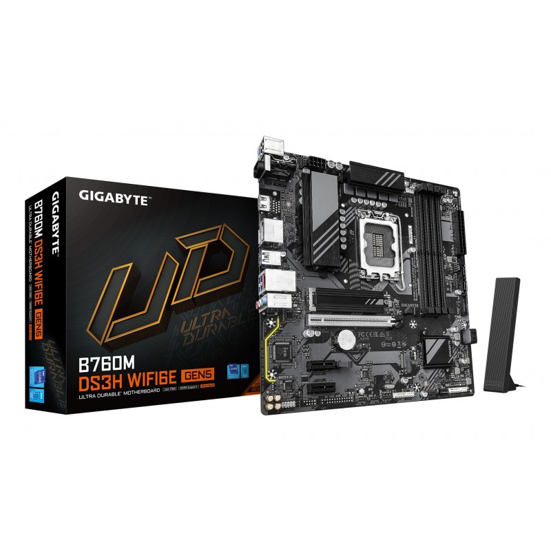 Gigabyte B760M DS3H WIFI6E GEN5 Carte Mère – Compatible avec les processeurs Intel Core 14e génération, VRM numérique 6+2+1 phases, jusqu’à 5600 MHz DDR5, 2 x M.2 PCIe 4.0, Wi-Fi 6E, LAN 2.5 GbE, USB 3.2 Gen2, Intel, LGA 1700, Intel® Celeron®