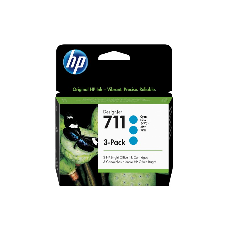 HP 711 pack de 3 cartouches d'encre DesignJet cyan, 29 ml, HP DesignJet T120, T520, Cyan, CZ134A, Singapour, 114,8 mm, 45 mm